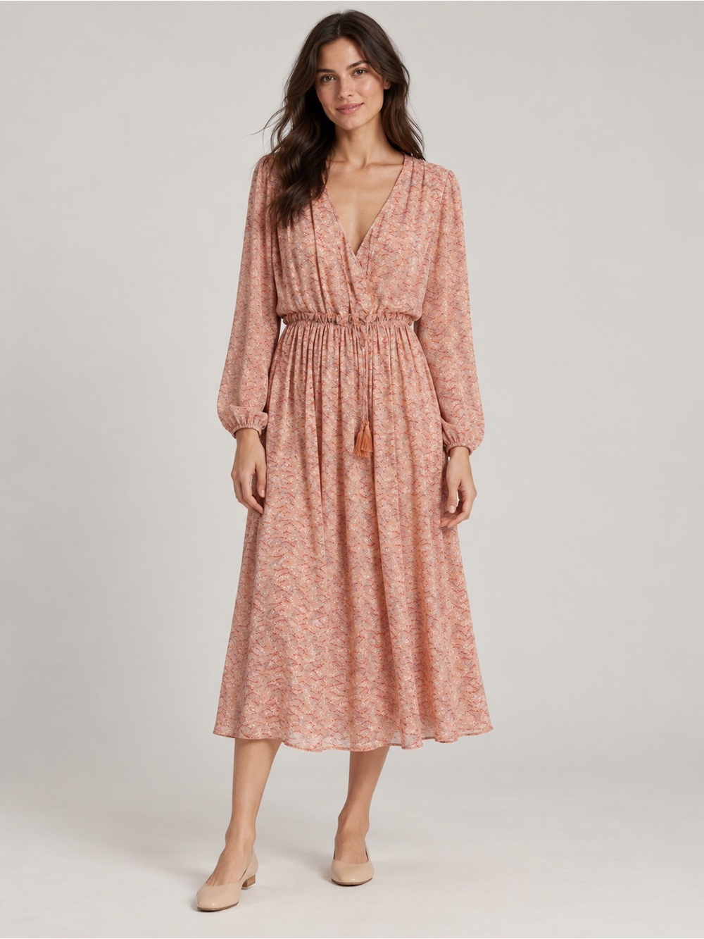 Dex Pink Long Sleeve Peasant Prairie Dress V-neck sz Medium western boho floral